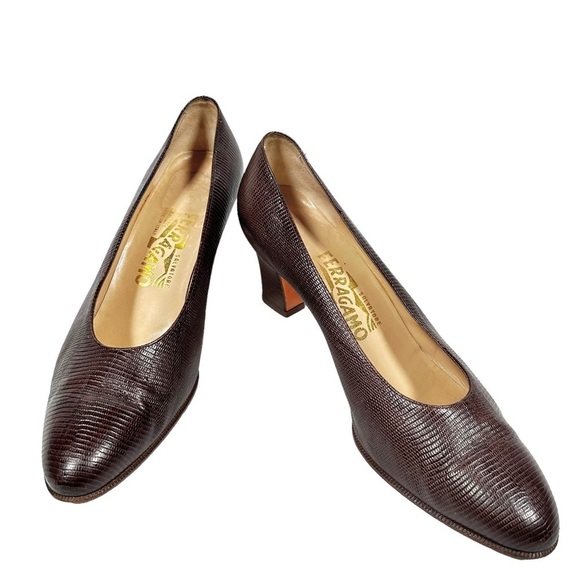 FERRAGAMO Vintage Patent Calf Visone Lizard Print Heels - Picture 3 of 12